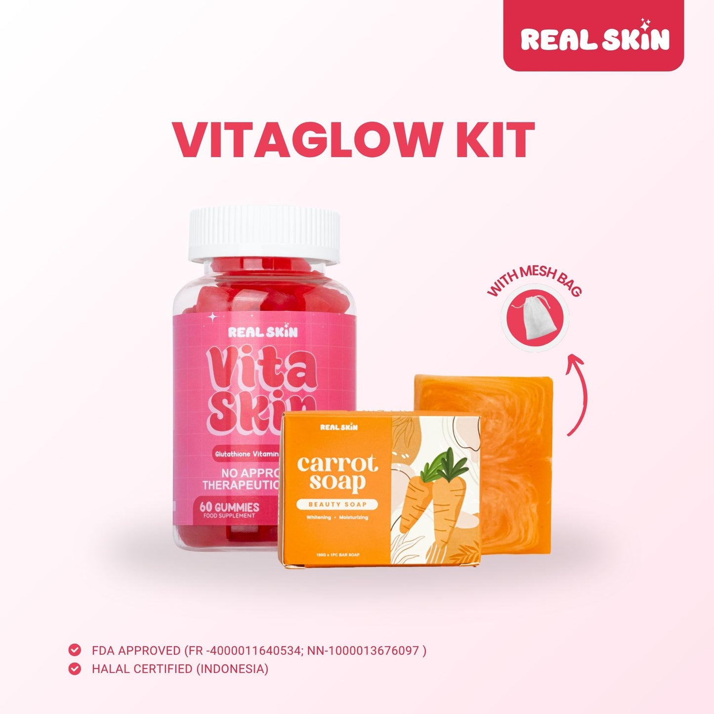 RealSkin Vita Glow Kit - VitaSkin Pouch/Bottle with Glutathione Gummies & Real Skin Carrot Soap with Free Mesh Bag - FDA Approved FR-4000011640534 - Healthcare, Supplement
