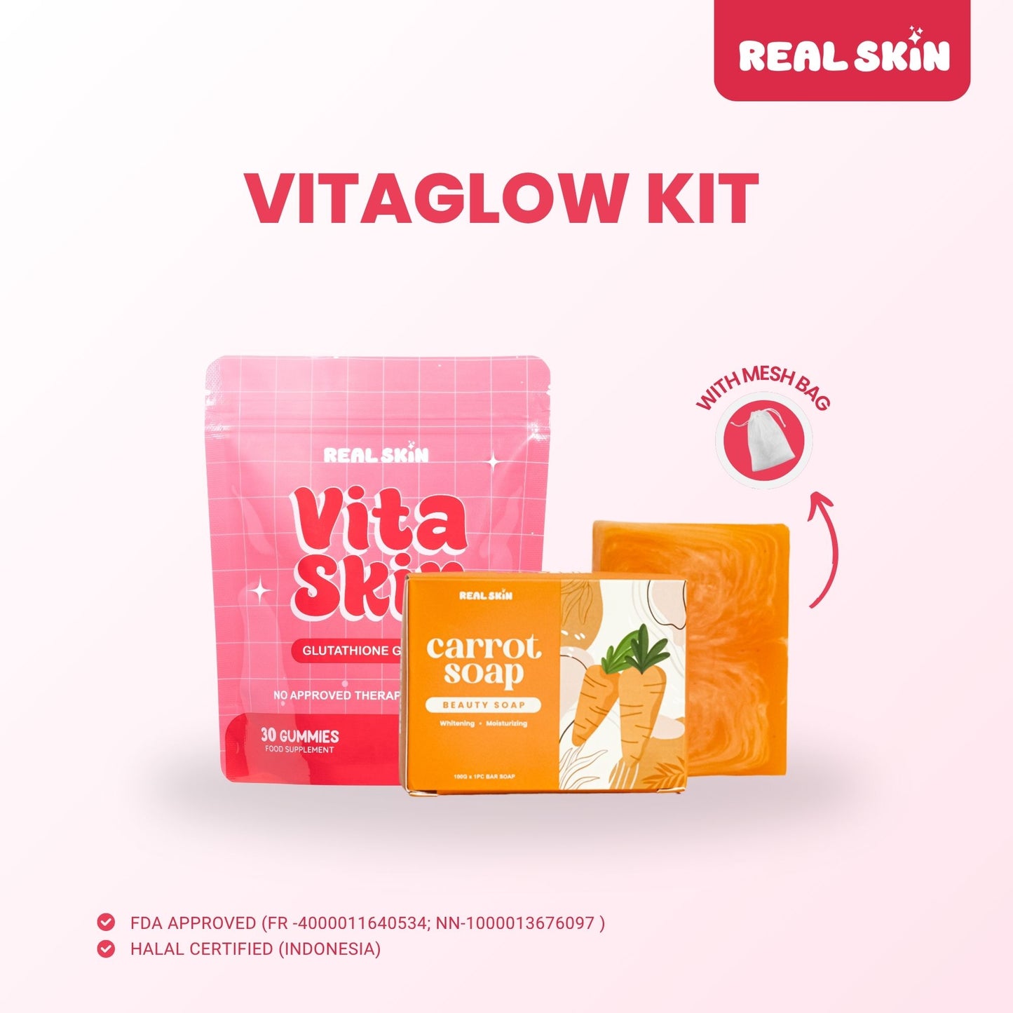 RealSkin Vita Glow Kit - VitaSkin Pouch/Bottle with Glutathione Gummies & Real Skin Carrot Soap with Free Mesh Bag - FDA Approved FR-4000011640534 - Healthcare, Supplement
