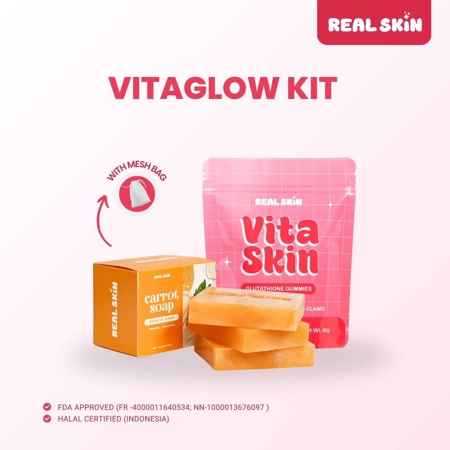 RealSkin Vita Glow Kit - VitaSkin Pouch/Bottle with Glutathione Gummies & Real Skin Carrot Soap with Free Mesh Bag - FDA Approved FR-4000011640534 - Healthcare, Supplement