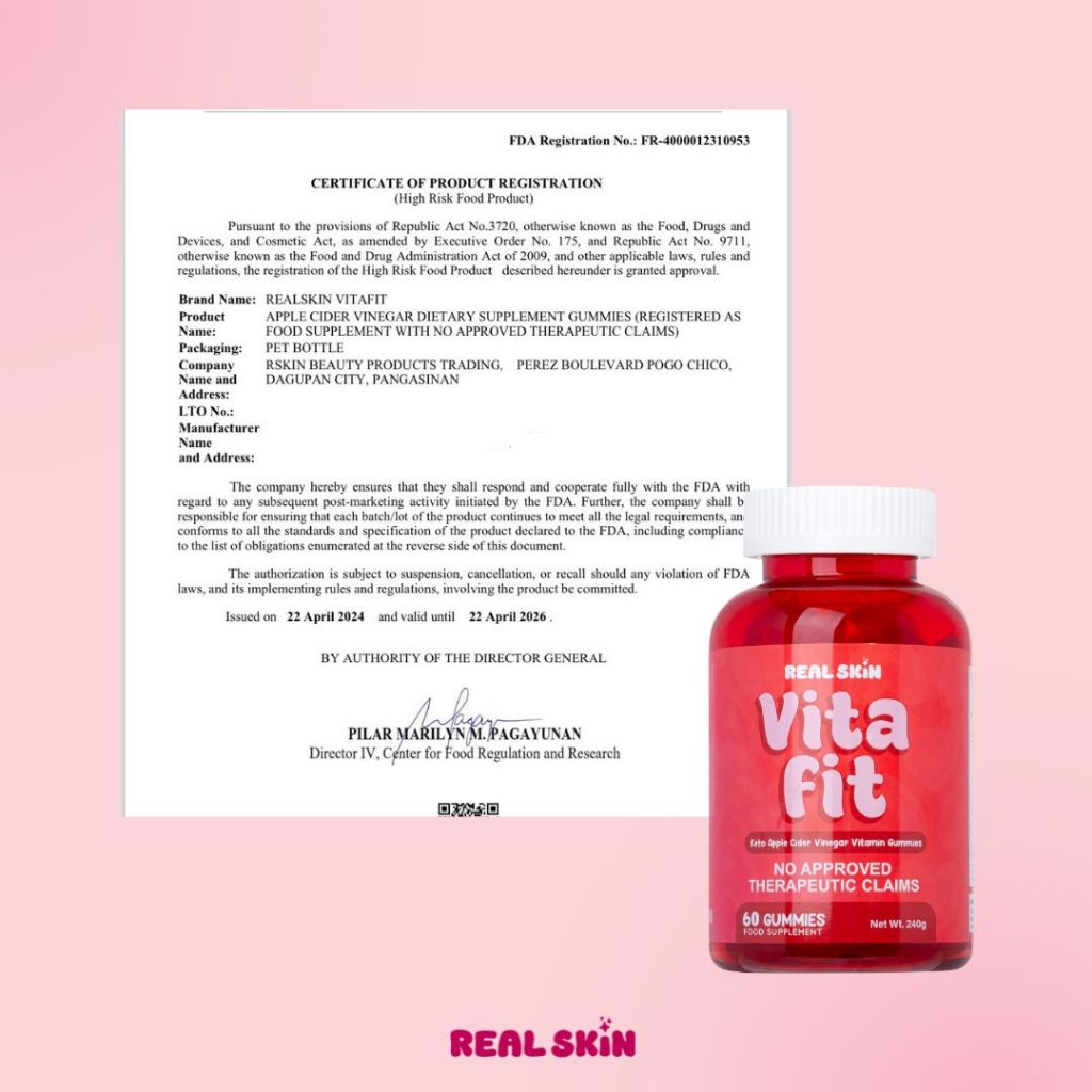 Real Skin VitaFit Apple Cider Vinegar Gummies - All Natural, FDA Approved and HALAL Certified Keto-Friendly Vitamin