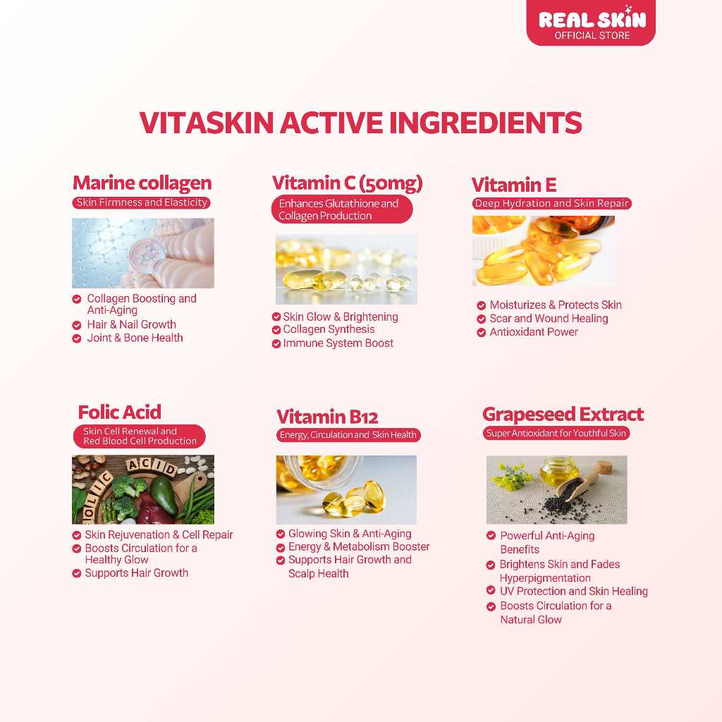 Real Skin VitaSkin Gluta Gummies - Buy 1 Take 1 Pouch, 60 Pcs Total, All Natural and FDA Approved Skin Brightening Vitamins with Marine Collagen Glutathione Vitamin C Food Supplement