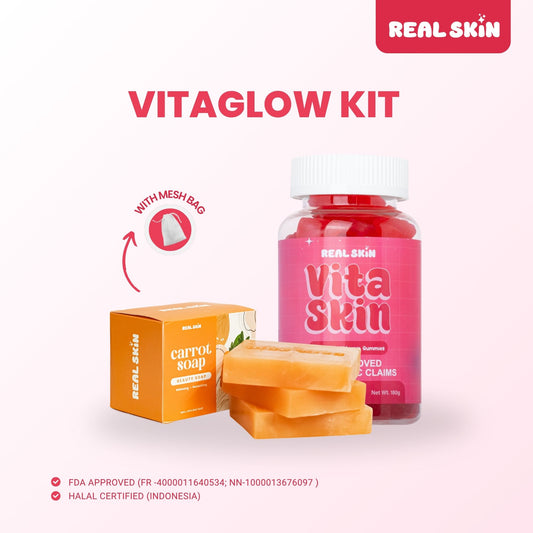 RealSkin Vita Glow Kit - VitaSkin Pouch/Bottle with Glutathione Gummies & Real Skin Carrot Soap with Free Mesh Bag - FDA Approved FR-4000011640534 - Healthcare, Supplement