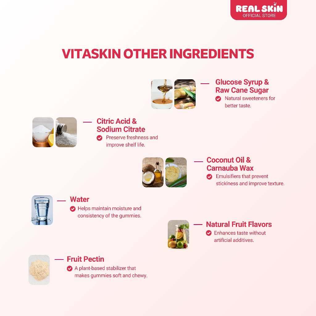 Real Skin VitaSkin Gluta Gummies - Buy 1 Take 1 Pouch, 60 Pcs Total, All Natural and FDA Approved Skin Brightening Vitamins with Marine Collagen Glutathione Vitamin C Food Supplement