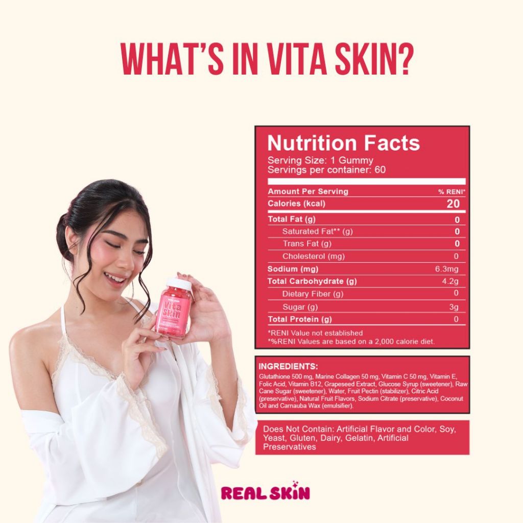 Real Skin VitaSkin Gluta Gummies - All Natural and FDA Approved Skin Brightening Vitamins with Marine Collagen Glutathione Vitamin C Food Supplement