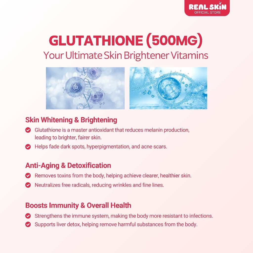 Real Skin VitaSkin Gluta Gummies - Buy 1 Take 1 Pouch, 60 Pcs Total, All Natural and FDA Approved Skin Brightening Vitamins with Marine Collagen Glutathione Vitamin C Food Supplement