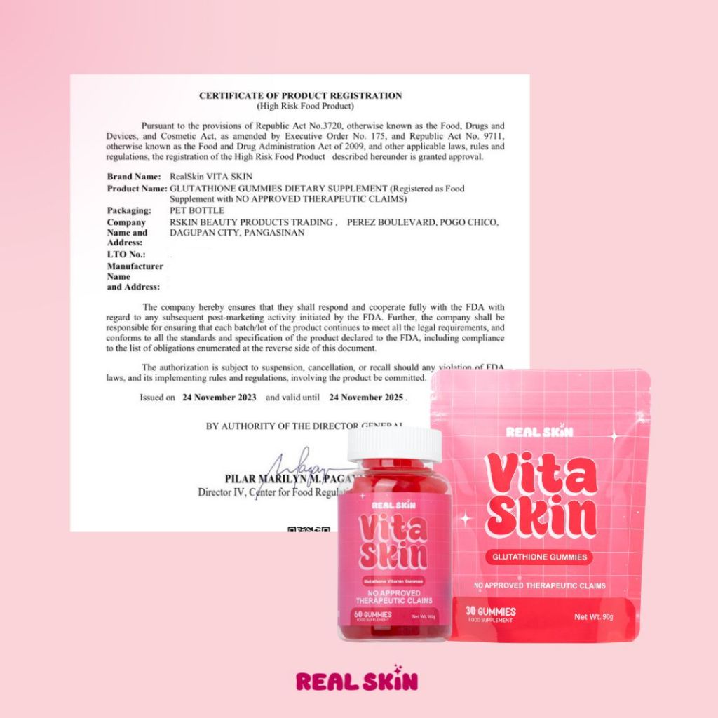 Real Skin VitaSkin Gluta Gummies - All Natural and FDA Approved Skin Brightening Vitamins with Marine Collagen Glutathione Vitamin C Food Supplement