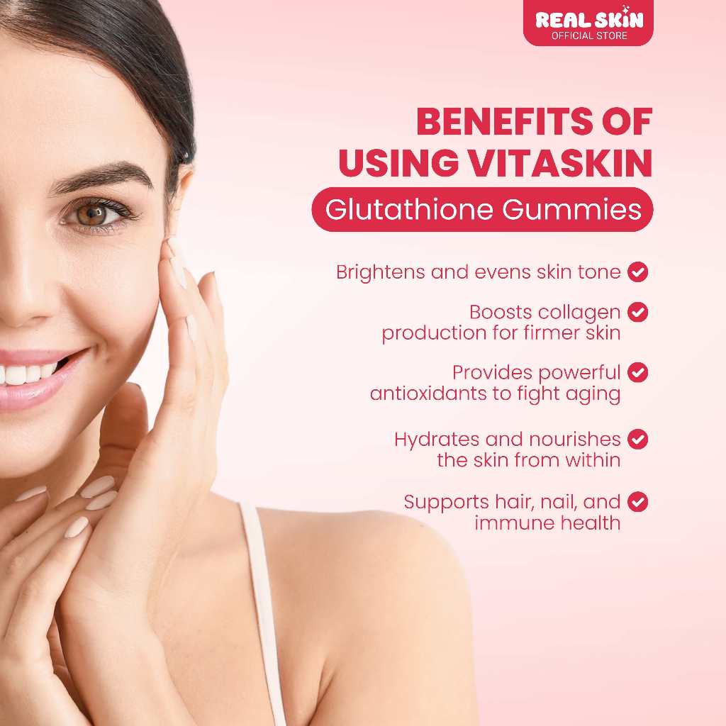 Real Skin VitaSkin Gluta Gummies - Buy 1 Take 1 Pouch, 60 Pcs Total, All Natural and FDA Approved Skin Brightening Vitamins with Marine Collagen Glutathione Vitamin C Food Supplement