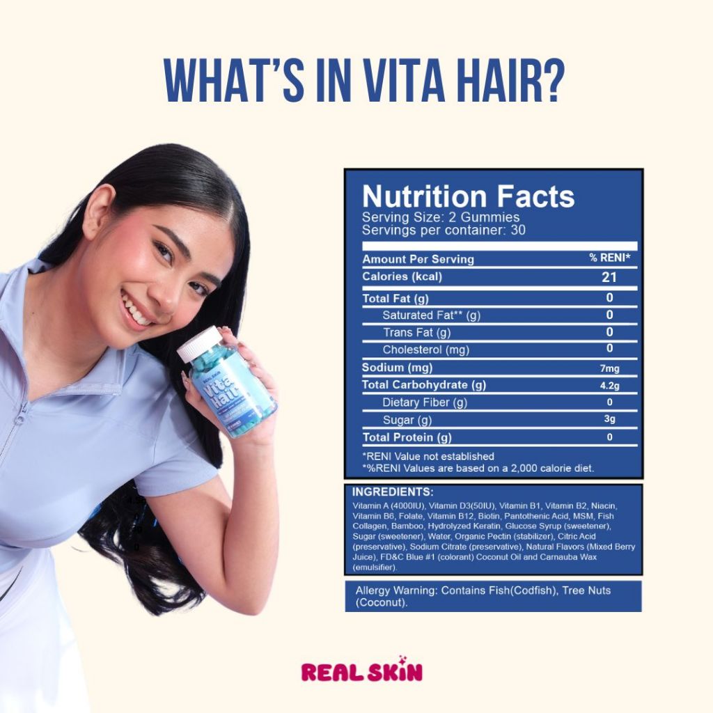 Real Skin VitaHair Gummies - All Natural, FDA Approved and HALAL Certified Vitamins with Biotin, Collagen and Keratin for Hair, Skin, and Nails